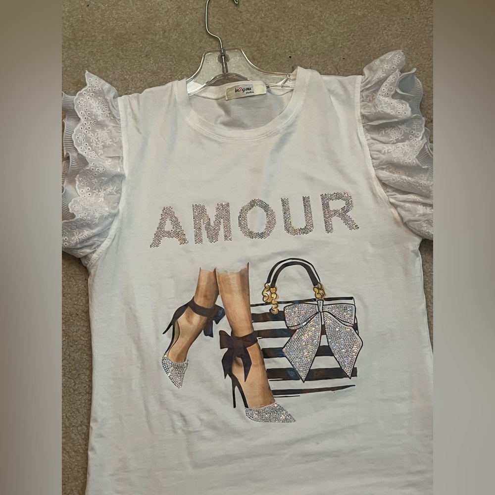 AMOUR Graphic Ruffle Sleeve Tee - White with Black & Glitter Accents